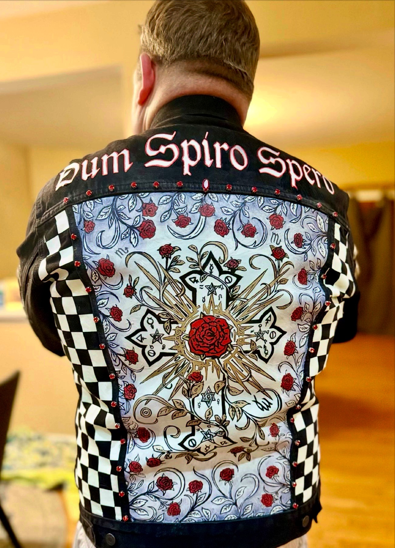 Bespoke Rosicrucian Battle Jacket — rear view worn, full back panel with the Rosy Cross and the motto Dum Spiro Spero