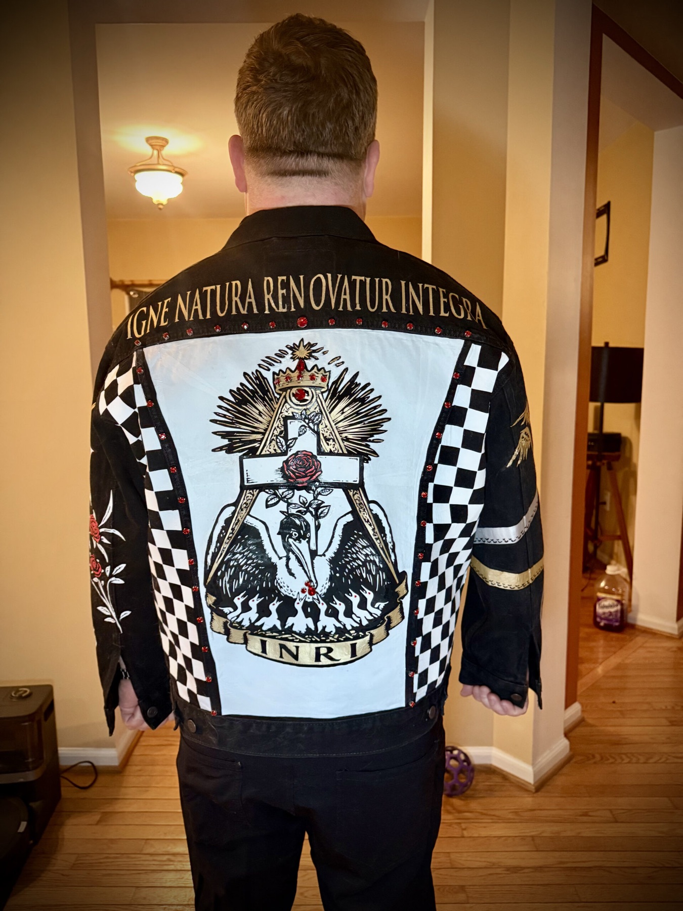 Pelican Battle Jacket — rear view worn, full back panel with the Pelican in Her Piety upon the Rosy Cross, crowned in sacred flame, beneath IGNE NATURA RENOVATUR INTEGRA