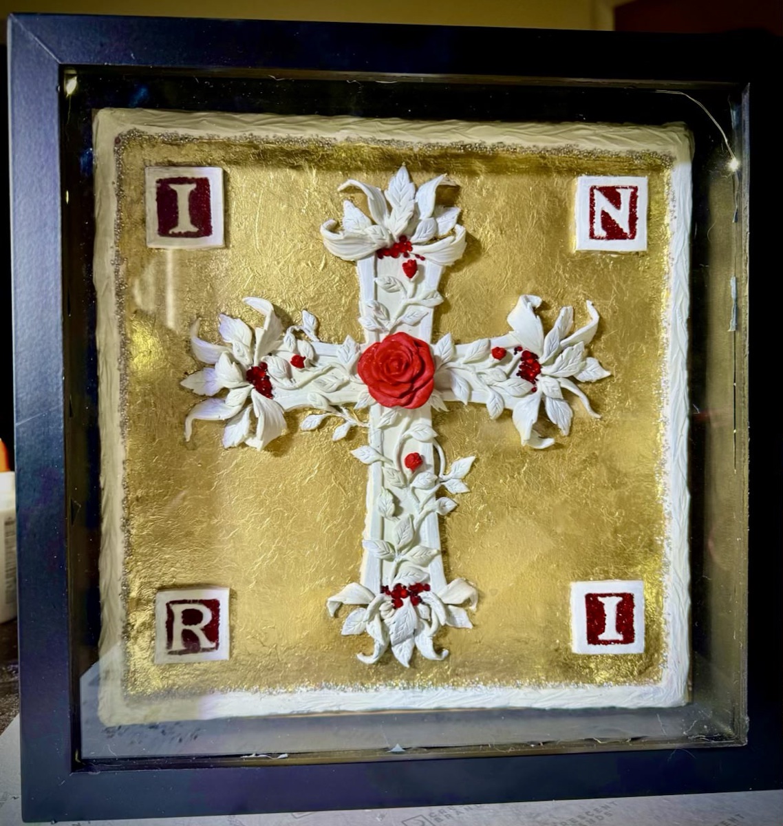 Rosicrucian Rosy Cross Bas-Relief — full view in the wooden shadow box