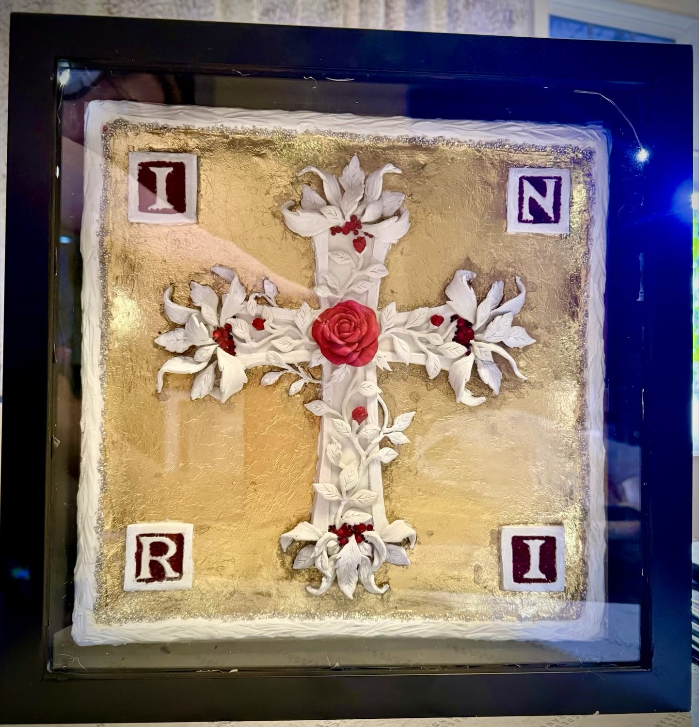 Rosicrucian Rosy Cross Bas-Relief — white plasticine cross on 24k gold leaf with red rose and INRI, Arcane Visions